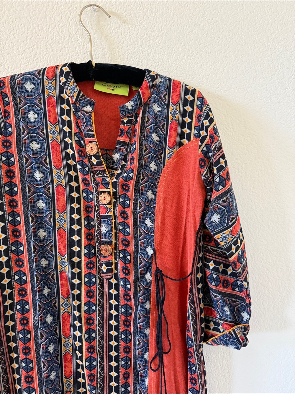 Orange African inspired Patterned Button long Shirt or dress- Boho Stripe Design